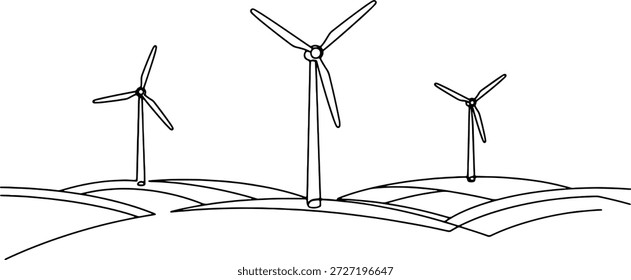 Um limpo e minimalista contínuo desenho de uma linha de moinhos de vento em uma paisagem, ilustração vetorial