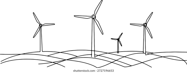 Um desenho contínuo limpo e minimalista de uma linha de moinhos de vento em uma colina, ilustração vetorial