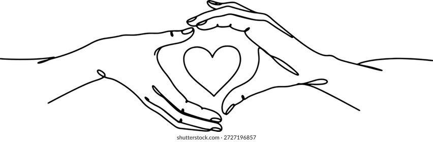 A clean and minimalistic continuous one line drawing of hands forming a heart, vector illustration