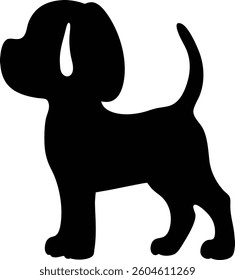 A clean, minimalistic depiction of a beagle puppy, rendered as a bold black silhouette against a plain backdrop