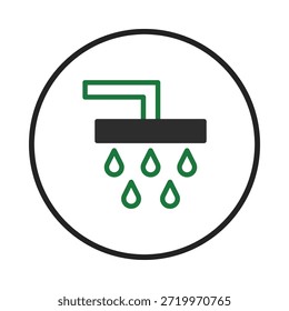 A clean and minimalistic icon representing a shower head, symbolized by simple outlines and water droplets. Ideal for conveying cleanliness, hygiene, and bathroom related concepts. A suitable