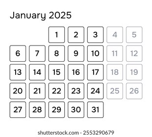 A clean and minimalistic January 2025 calendar design. The calendar features a grid layout with clearly marked days of the week and dates, starting on a Monday