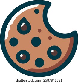 A clean, minimalistic logo featuring a chocolate chip cookie with a bite mark, designed with bold outlines and flat colors for easy vector tracing.