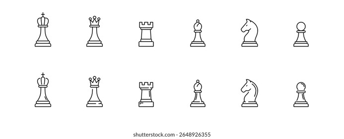 A clean and minimalistic set of chess piece vector icons in outline style. Includes black and white versions of king, queen, rook, bishop, knight, and pawn. Vector illustration