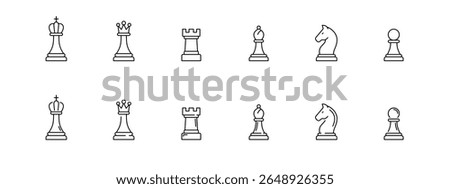 A clean and minimalistic set of chess piece vector icons in outline style. Includes black and white versions of king, queen, rook, bishop, knight, and pawn. Vector illustration