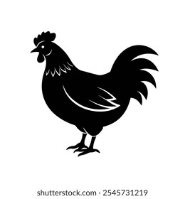 A clean and minimalistic silhouette vector of a chicken, showcasing the animal in a side profile. The design highlights the chicken's distinct features, such as its comb, wattle, and rounded body, 