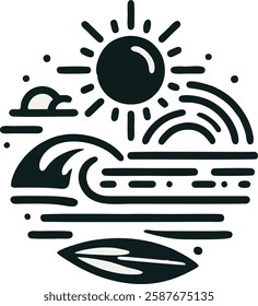 A clean and minimalistic Spring Break logo with an outline of a sun, surfboard, and ocean in simple black ink strokes. A stylish and modern design.