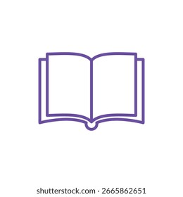 Clean, minimalistic vector icon of an open book in soft purple outline, showcasing two visible pages with no text or markings—ideal for educational or literary themes.