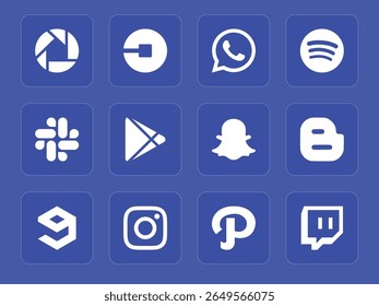 A clean, minimalistic vector icon pack of popular social media and app logos set against a vibrant blue background. Ideal for UI UX, websites, presentations, dashboards, and mobile design.
