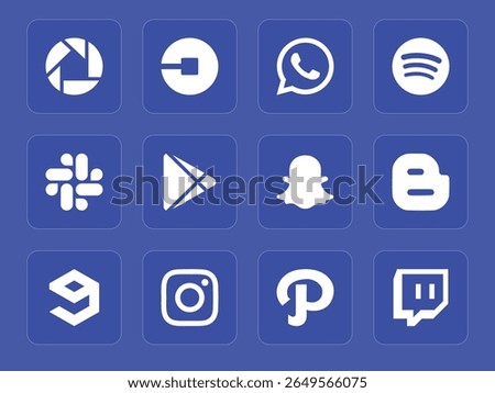 A clean, minimalistic vector icon pack of popular social media and app logos set against a vibrant blue background. Ideal for UI UX, websites, presentations, dashboards, and mobile design.