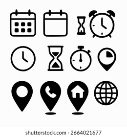 A clean and minimalistic vector illustration featuring 15 black and white icons representing time and location concepts