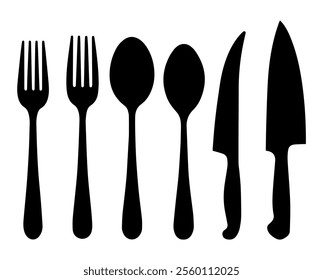 A clean, minimalistic vector illustration of kitchen utensils in black silhouette style, spoons, knife, fork in vector illustration. 