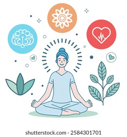 A clean and minimalistic vector illustration promoting mental health and self-care. A calm figure sitting in a meditative pose surrounded by glowing abstract shapes, symbolizing peace and balance.