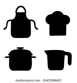 A clean and minimalistic vector set of essential kitchen icons including a chef’s hat, apron, cooking pot, and measuring cup. Designed in flat style, this set is perfect for culinary-themed projects, 