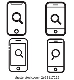 Clean mobile icons featuring search magnifying glass on smartphone screens perfect for web UI and app interface illustrations and digital themes