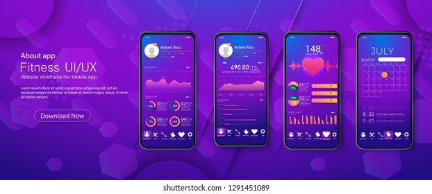 Limpiar concepto de diseño de interfaz de usuario móvil. Aplicación de fitness a la moda con ventana Dialogue.Plantilla infográfica de aplicación móvil con modernos gráficos semanales de diseño y estadísticas anuales. Vector