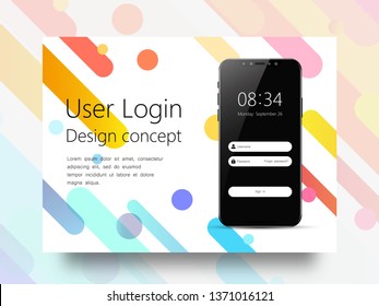 Clean Mobile UI Design Concept. Login Application with Password Form Window. Trendy Holographic Gradients. Flat Web Icons. Vector EPS 10