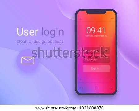 Clean Mobile UI Design Concept. Login Application with Password Form Window. Trendy Holographic Gradients. Flat Web Icons. Vector EPS 10