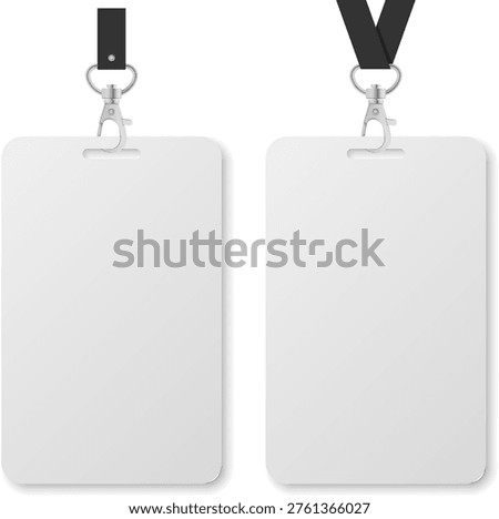 Clean mockup of blank ID badge cards attached to lanyard clips, shown in two strap variations. Ideal for corporate identity, event passes, and branding presentations.