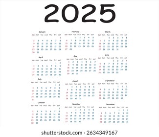 Clean and modern 2025 calendar vector design. Perfect for planners, printables, wall or desk calendars. Fully editable, high-resolution, and ideal for personal or corporate use.