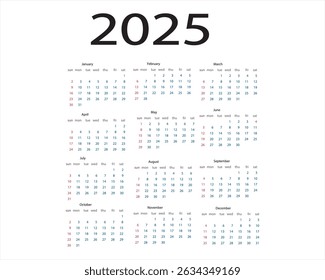 Clean and modern 2025 calendar vector design. Perfect for planners, printables, wall or desk calendars. Fully editable, high-resolution, and ideal for personal or corporate use.