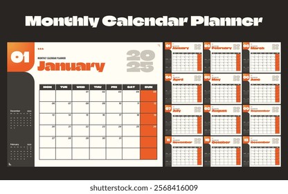 A clean, modern 2025 monthly calendar planner template.  Ideal for scheduling and organization.