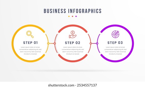 Um infográfico circular limpo e moderno de 3 etapas para processos de negócios, apresentando cores e ícones vibrantes para as etapas 1, 2 e 3. Ideal para apresentações, relatórios ou gráficos de fluxo de trabalho.