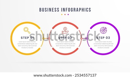 A clean and modern 3 step circular infographic for business processes, featuring vibrant colors and icons for steps 1, 2, and 3. Ideal for presentations, reports, or workflow charts.