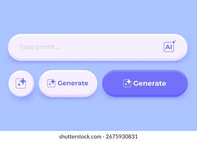 A clean and modern 3D button set designed for AI interfaces, apps, and websites. This pack includes multiple variations of rounded UI elements such as search bars, generate buttons. Vector