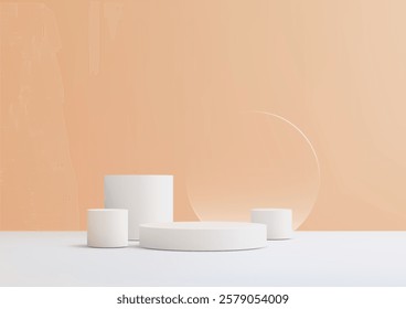 Clean and modern 3D product display featuring white cylinder podiums and a circular accent on a soft orange background. Perfect for branding, mockups, and elegant minimalist presentations