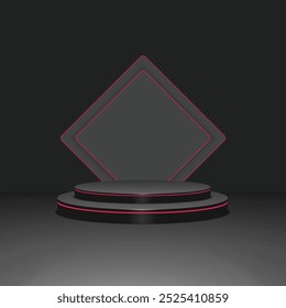 A clean and modern 3D rendering of a black podium with neon lights. Perfect for product displays, presentations, and branding.