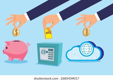 Clean, modern 3D vector showing the evolution of financial saving—from physical to digital. Ideal for fintech presentations, apps, and corporate finance branding.