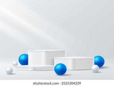 Clean and modern 3D white product display podium with blue and white spheres, perfect for showcasing cosmetics goods. The minimalist design and soft lighting create an elegant  and professional look.