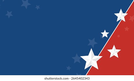 Clean and modern 4th of July vector background featuring a diagonal red and blue color split, adorned with white 3D stars.