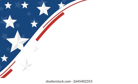 Clean and modern 4th of July vector background featuring a dynamic curved red stripe, white space for customizable text, and a field of white stars over a deep blue backdrop.