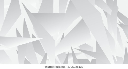 A clean and modern abstract background featuring a dynamic arrangement of white and gray geometric triangles, creating a sense of depth and movement.