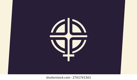 A clean, modern abstract design featuring a white Christian symbol, a cross enclosed within a circle, set against a dark purple and beige background.