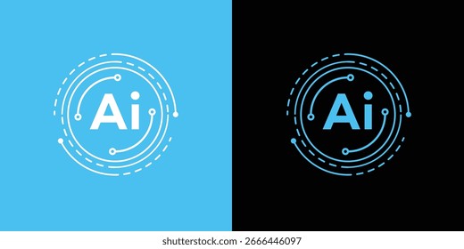 Sauberes und modernes AI Logo Design. Eigenschaften Ai innerhalb eines kreisförmigen technologischen Musters. Erhältlich in hellen und dunklen Farbschemata für vielseitigen Einsatz. Ideal für App-Symbole, Websites und Branding.