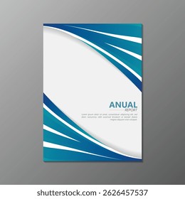 Design limpo e moderno da tampa do relatório anual com elementos de onda azul em um fundo branco e fundo cinza