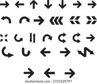 Un conjunto de iconos de flecha limpio y moderno con 30 flechas direccionales y de navegación únicas. Diseñado en estilo de Vector 2D plano con Formas negras sólidas, peso de carrera constante y geometría mínima. Incluye flechas derecha, izquierda, arriba, abajo, curva, doble, avance rápido, rotación y navegación. Diseño ideal, App de Web y móviles, dashboards, presentaciones, infografías y sistemas de interfaz. Aislado sobre fondo blanco, escalable y adecuado para proyectos digitales profesionales.