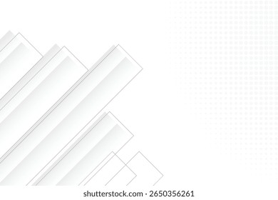 Um fundo limpo e moderno com retângulos translúcidos brancos e cinzas diagonais dispostos em camadas sobre um padrão de pontos de meio-tom branco sutil, criando um design minimalista profissional e dinâmico.

