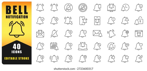 Clean And Modern Bell Notification Line Icon Set Featuring Alerts, Reminders, Messages, System Status, And User Interactions. Ideal For Apps, Dashboards, Web Interfaces, And UI UX Design. Editable Stroke Vector Icons.