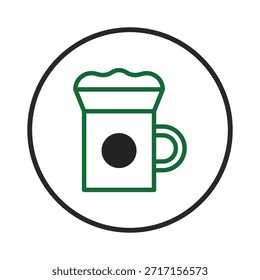 Um ícone de bebida limpo e moderno com uma caneca com um topo espumoso, encapsulado dentro de um simples círculo limitado. Este design enfatiza o estilo minimalista e linhas limpas, tornando-o perfeito para