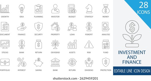 Um conjunto de ícones de linha preta limpo e moderno que representa os principais conceitos de investimento e finanças, incluindo crescimento, planejamento, investidor, orçamento, lucro, risco, poupança, renda passiva, portfólio e muito mais. 