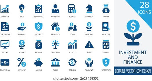 A clean and modern black vector icon set representing key investment and finance concepts including growth, planning, investor, budget, profit, risk, saving, passive income, portfolio, and more. 