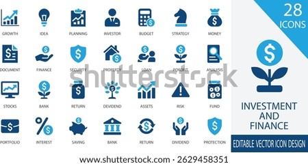 A clean and modern black vector icon set representing key investment and finance concepts including growth, planning, investor, budget, profit, risk, saving, passive income, portfolio, and more. 
