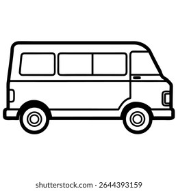 Uma ilustração vetorial em preto e branco limpa e moderna retrata uma van comercial de passageiros, ideal para necessidades de transporte.