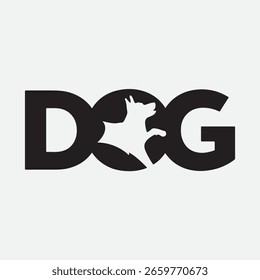A clean and modern black and white vector design of the word "DOG" with a dog silhouette creatively integrated into the letters.

