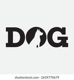 Um design vetorial preto e branco limpo e moderno da palavra "DOG" com uma silhueta de cão criativamente integrado nas letras.

