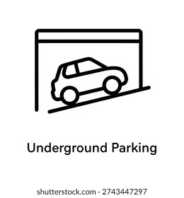 Clean and modern black and white vector illustration of an underground parking sign featuring a simple car icon, ideal for urban design, wayfinding, and commercial projects.